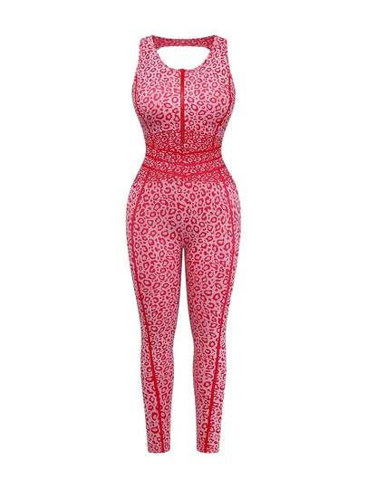 SHEIN Rhythm Era 1 bộ đồ liền thân không đường may, lưng khoét sâu, họa tiết da báo gợi cảm dành cho nữ cỡ lớn, thích hợp cho chạy bộ, tập thể dục, yoga, bộ đồ liền thân họa tiết da báo đỏ, bộ đồ tập gym, đồ thể thao đỏ, quần legging họa tiết da báo, quần legging họa tiết báo đốm.