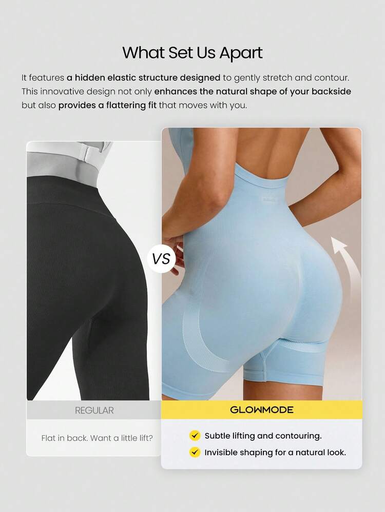 4.3" Ultrafine Soft Seamless Built To Glow Ribbed Waist Compression Panels Removable Cups Scrunch Butt Lift Adjustable Halterneck Short Bodysuit Training Running Gym Yoga Studio Daily Active Wear