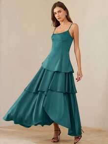 BELROSIE Sexy French Elegant Layered Hem Spaghetti Strap Dress, Plunging Neckline Backless Sleeveless - Blue - View 5