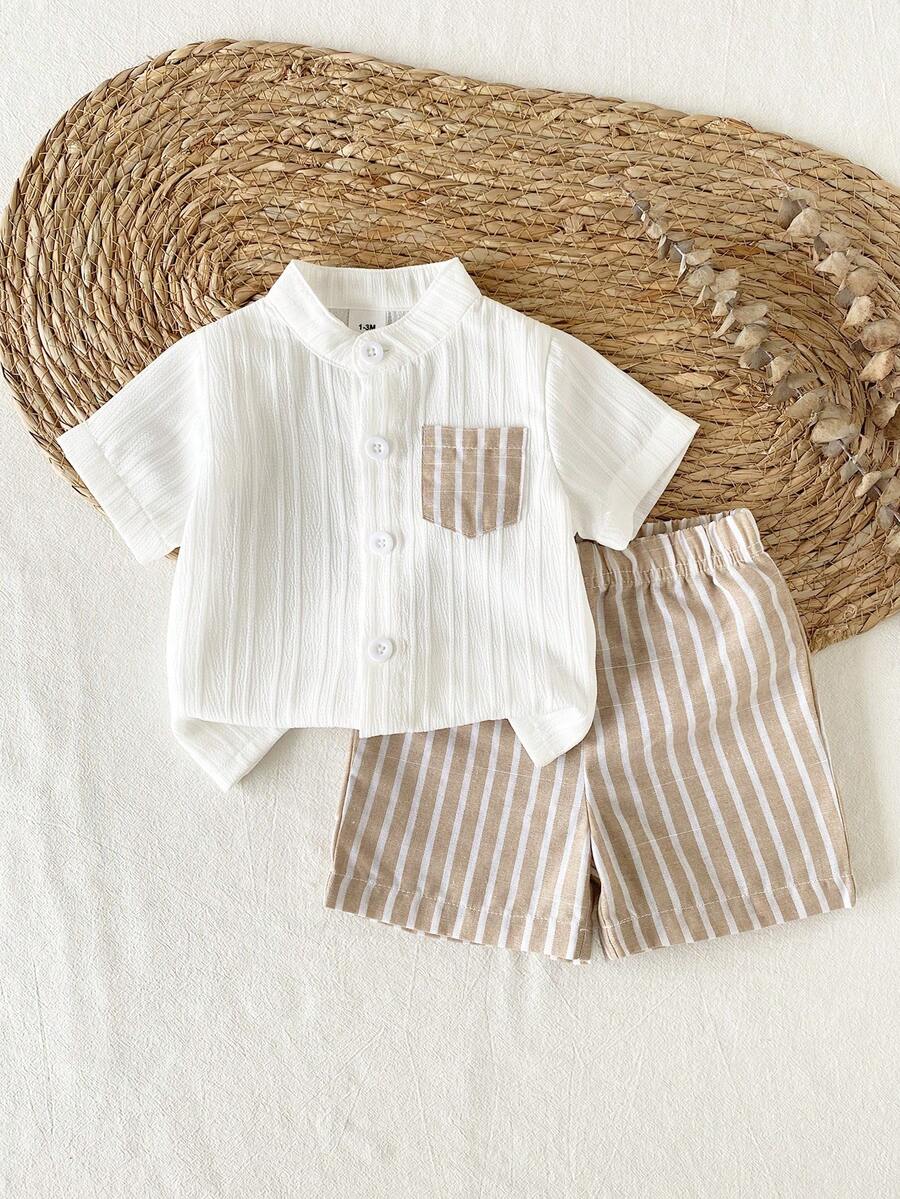 SHEIN Bộ quần áo tay ngắn kiểu quý ông cho bé trai sơ sinh, trang phục mùa hè giản dị, tối giản, mang phong cách văn học cho trẻ nhỏ.