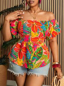 Villa Velisse Plus Size Women Tropical Plant Off Shoulder Short Petal Sleeve Blouse - Multicolor - View 6