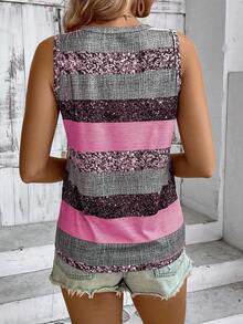 EMERY ROSE Top sin mangas casual de mujer con cuello en pico y bloques de color, estampado aleatorio, para verano - Multicolor - Ver 2