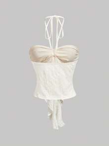 SHEIN MOD Women's Elegant Metal Decor Ruffle Backless Halter Top, Summer,Summer Top - Apricot - View 2