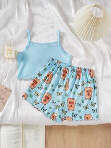 Girls' Sleeveless Pajamas Set, Cute Capybara Design, Comfortable Soft Fabric, Lazy Yet Playful Homewear Style - Mint Green - View 2