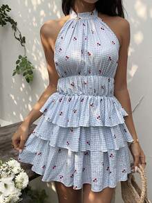 Sunnyshic Women's Spring/Summer Cherry Plaid Dress, Waist-Cinching Flattering Silhouette, Cute Vacation Dress, Cherry Plaid Maiden Dress Vacation Blue Gingham - Blue - View 3