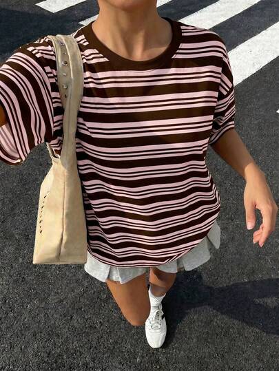 Merlard Brown & Pink, American Retro Striped, Cute Vintage Contrast Color Sports Stripe Print Pattern, Versatile Korean Chill Chill, Tween Girl Casual Graphic Loose Drop Shoulder Short Sleeve T-Shirt, Suitable For Summer