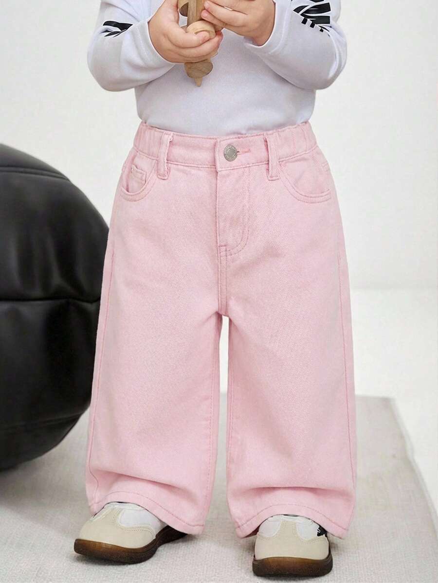 SHEIN Baby Girl Loose Fit Pockets Flare Leg Jeans - Pink - View 1