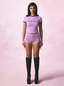 SUMWON WOMEN Graphic Baby Ringer Tee With Script Text Print Short Sleeve Crop Top - Lilac Purple - View 5