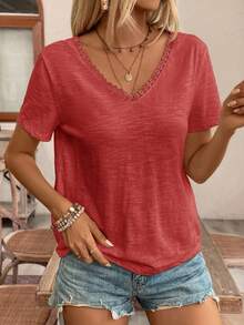 Frenchy Top amarillo con encaje y espalda descubierta, camiseta, imprescindible, conjunto de verano, imprescindible de la temporada de bodas, estilo francés - Color caoba - Ver 4