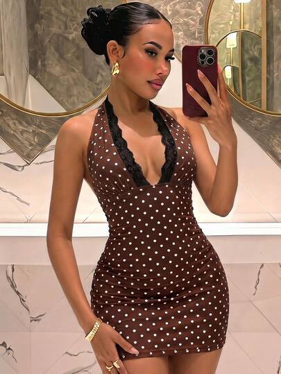 Slaydiva Đầm ngắn cổ yếm ren dành cho nữ, thích hợp cho mùa thu/đông.