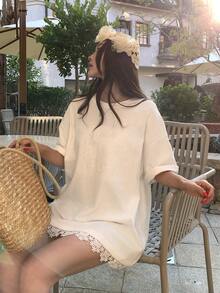 DAZY Women's Round Neck Korean Style Lace Patchwork Short Sleeve T-Shirt Summer - White - View 2