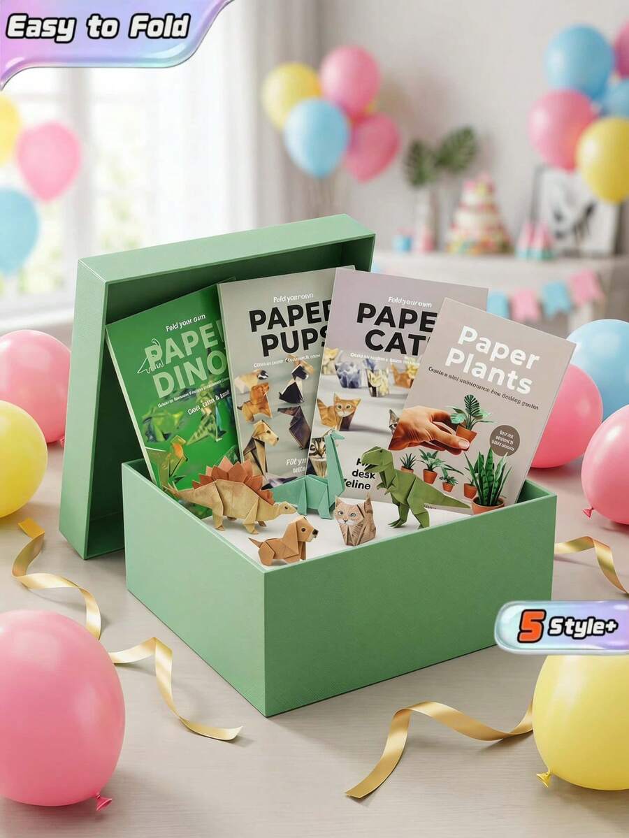 Zazumi 1Pc/4Pcs Plant-Themed DIY Paper Pet Origami Set, Creative Handmade Origami Material Kit With Cat, Dog And Dinosaur Shapes, Educational And Fun Handcraft Toy Gift Box For Children With Parent-Child Interaction - Multicolor - View 1