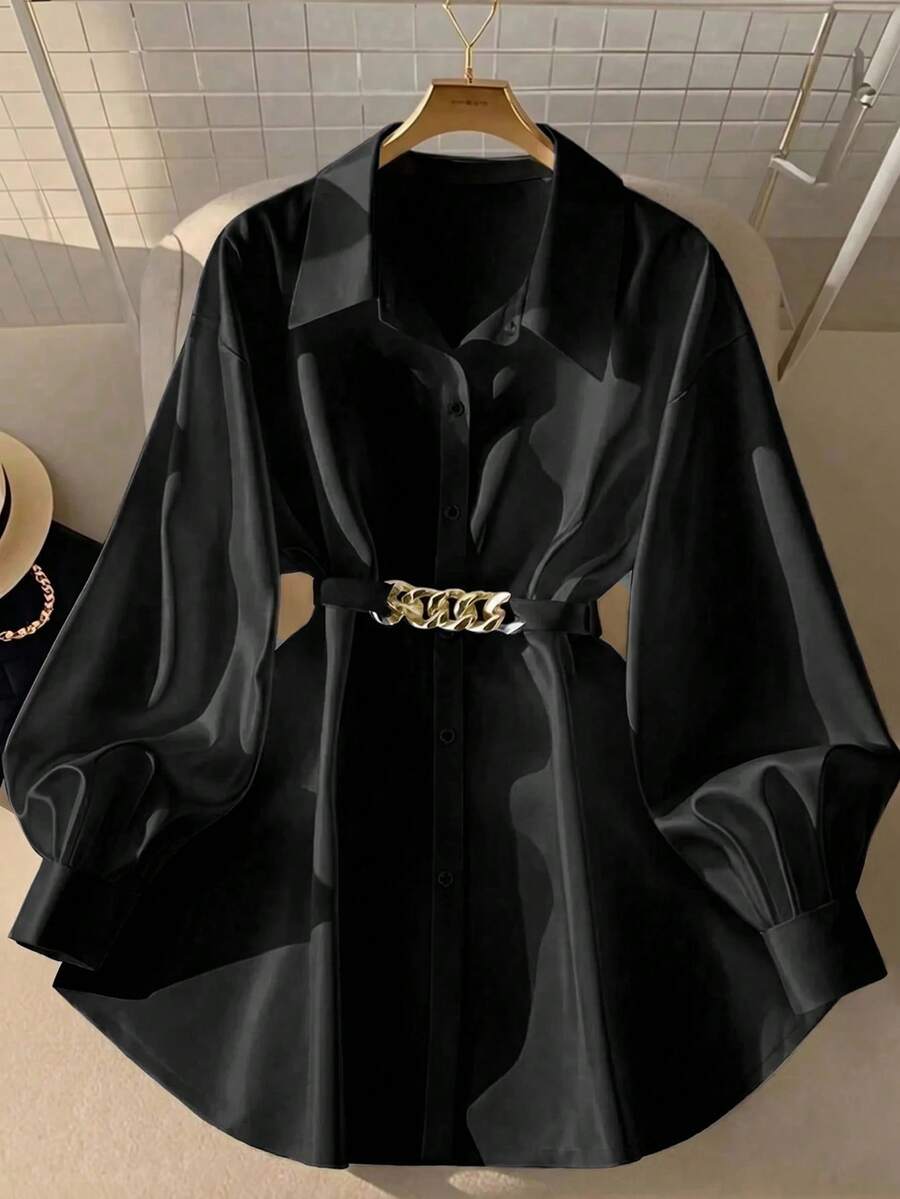 SHEIN Tween Girls' Solid Color Front Button Long Sleeve Metal Decor Casual White Shirt, Black Shirt, Back To School Season - Black - View 1