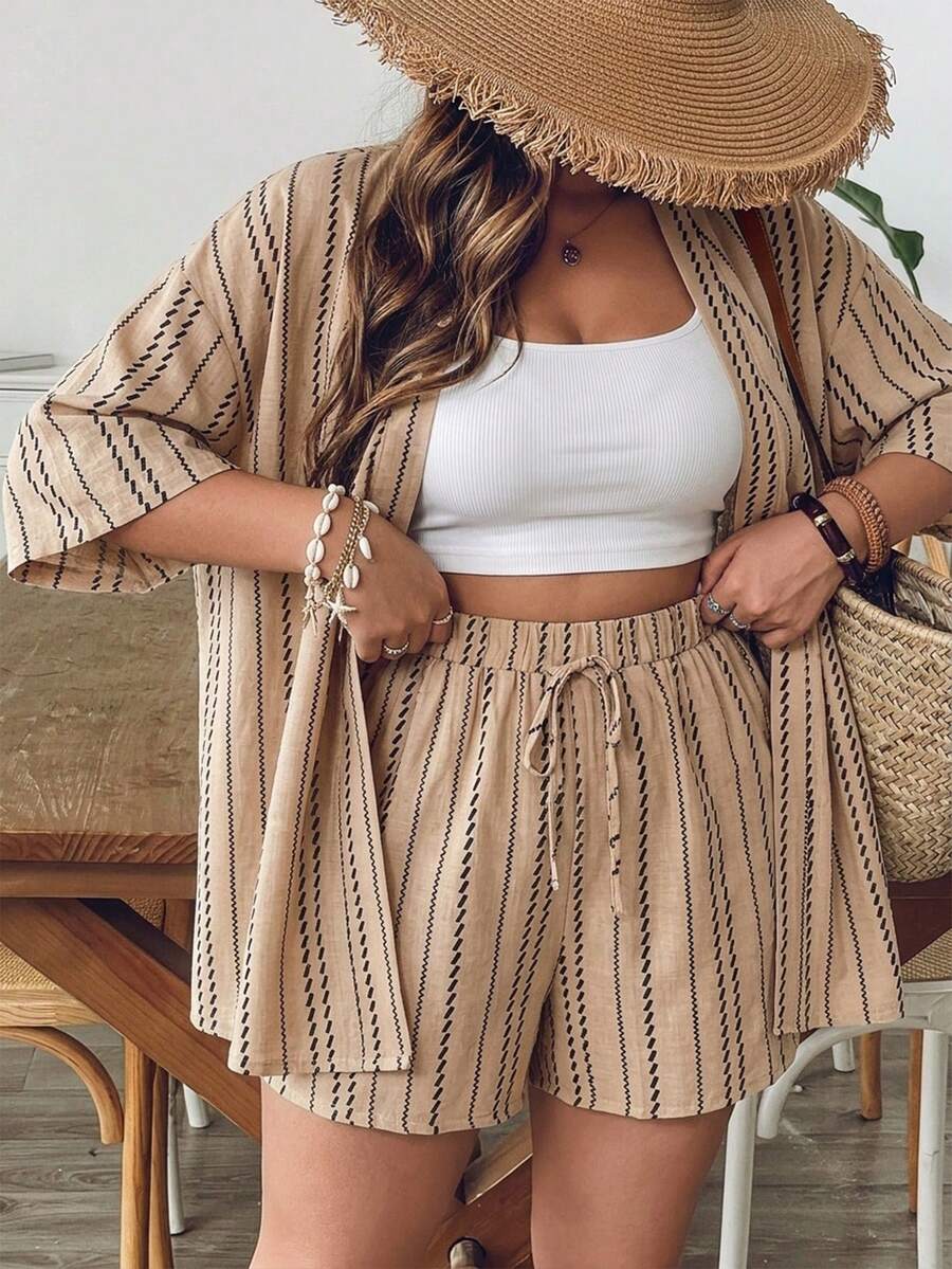 SHEIN VCAY Women's Plus Size Summer Beige Striped 2 Pieces Set,Boho Beach Holiday Cardigan Jacket&Drawstring Shorts,Loose Vacation Style Casual Outfits Suit - Khaki - View 1