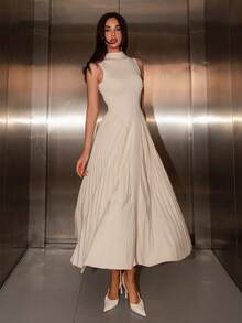 Bris Aura Women Elegant Pleated Tight-Fitting A-Line Dress,Summer Dresses For Women,Tea Party Dress - Apricot - View 7