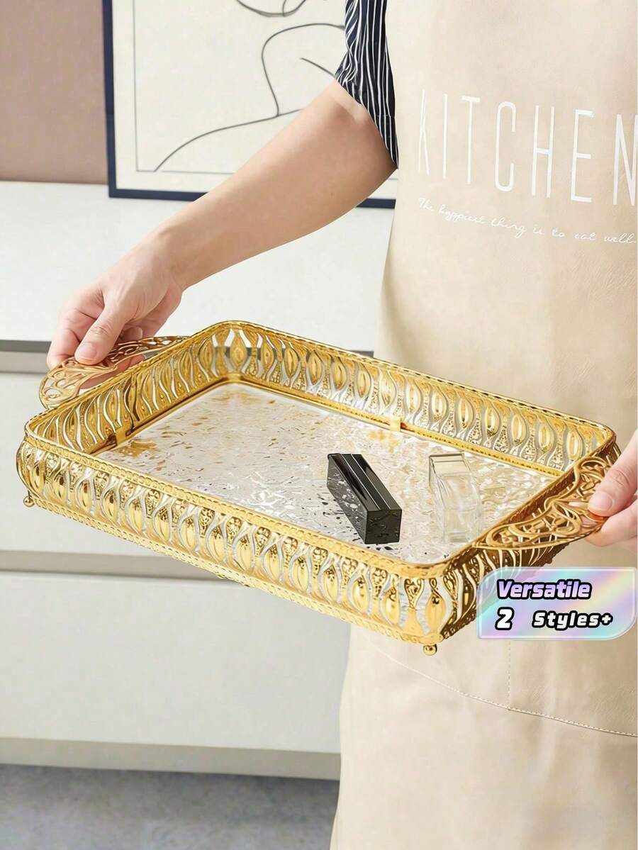 1pc/1set Middle Eastern Style Modern Elegant Large Trays, RectangularDecorative Trays -Multipurpose, Non-Tarnish, Metal Alloy, RectangularServing Trays For Coffee & Beverages, Gold - Gold - View 1