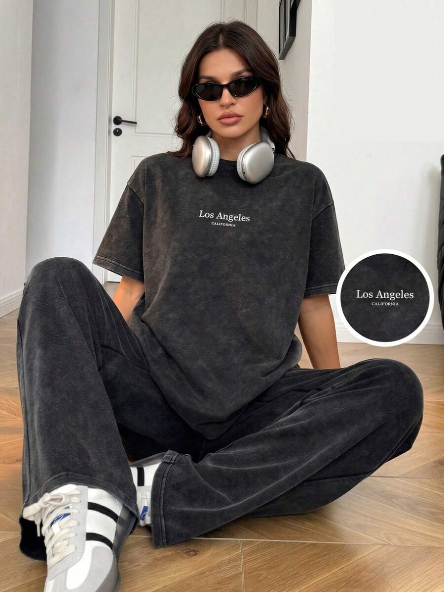 SHEIN Tall 女士西部风格休闲做旧T恤裤套装,非常适合音乐节 - 灰色 - 查看 1