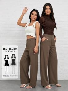 SHEIN PETITE Women Casual Solid Color Straight Leg Pants ,Petite Women - Coffee Brown - View 2