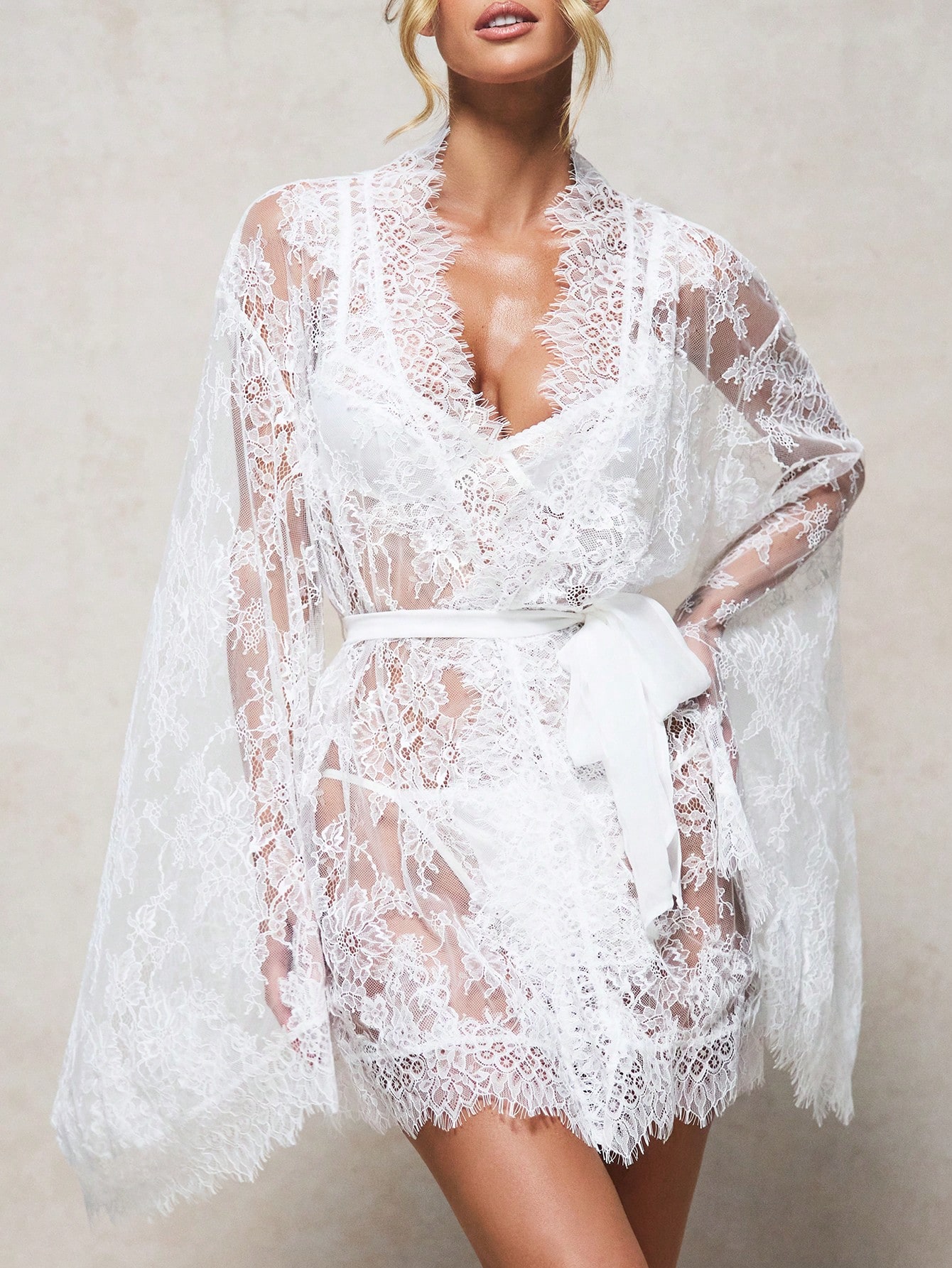 KIZN Sheer Lace Robe With Waterfall Sleeves And Satin Belt
