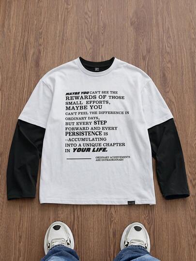 SWAVVY Men's Knit Casual Daily Young English Print Patchwork Loose Long Sleeve T-Shirt