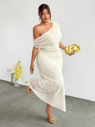 Firerie Plus Size Solid Color Asymmetrical Shoulder Fitted Elegant Summer 2 Pieces Set