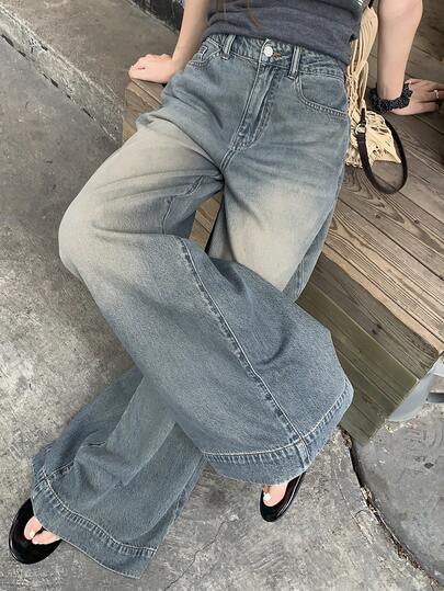 DAZY 水洗做旧宽松阔腿牛仔裤，女士休闲度假夏季裤装