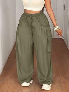 Maweii Plus Size Women Waist Tie Loose Wide Leg Cargo Pants - Army Green - View 4