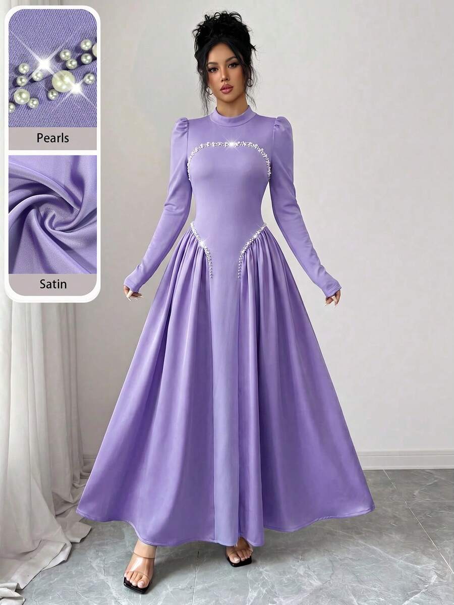 Modelyn 优雅酒红色长款串珠连衣裙,适合女士冬季外出穿着 - 紫色 - 查看 1