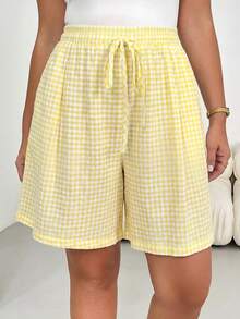 Shapeblank Pantalones/Culotes/Faldas de talle elástico con estampado de cuadros amarillo claro, de corte holgado y cómodo, para uso diario y versátil, para mujeres de talla grande, para primavera/verano. Pantalones cortos de verano, pantalones holgados, conjuntos para salir, estilo sencillo, ropa de vacaciones - Amarillo claro - Ver 4
