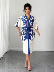 SHEIN Clasi 大尺碼女款時尚優雅蝙蝠袖V領前開襟緊身洋裝 - 藍色 - 查看 4