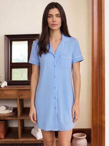 Doze Lane Cotton Cardigan Turndown Collar Button-Up Women Short Sleeve Nightgown - Baby Blue - View 5