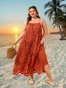 SHEIN CURVE+ Đầm dệt màu trơn phong cách Bohemian dành cho nữ, cỡ US22, thích hợp cho lễ hội âm nhạc, kỳ nghỉ biển, trang phục Bohemian cho lễ hội âm nhạc. - trái cam - Xem 7