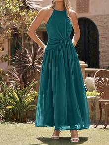 Amorya Women's Teal Elegant Halter Neck Ruched Long Dress, Summer Tropical Holiday Vacation Outfit, Wedding Tea Party Guest Bridesmaid Formal Evening Gown - Aqua Blue - View 5