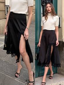 Pariaura Falda casual y versátil para citas con diseño de abertura y patchwork de encaje para mujer - Negro - Ver 1
