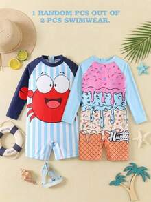 SHEIN 1 pieza Traje de baño de punto de una sola pieza con estampado de helado de verano y mangas parche para niños pequeños de estilo casual - Multicolor - Ver 1