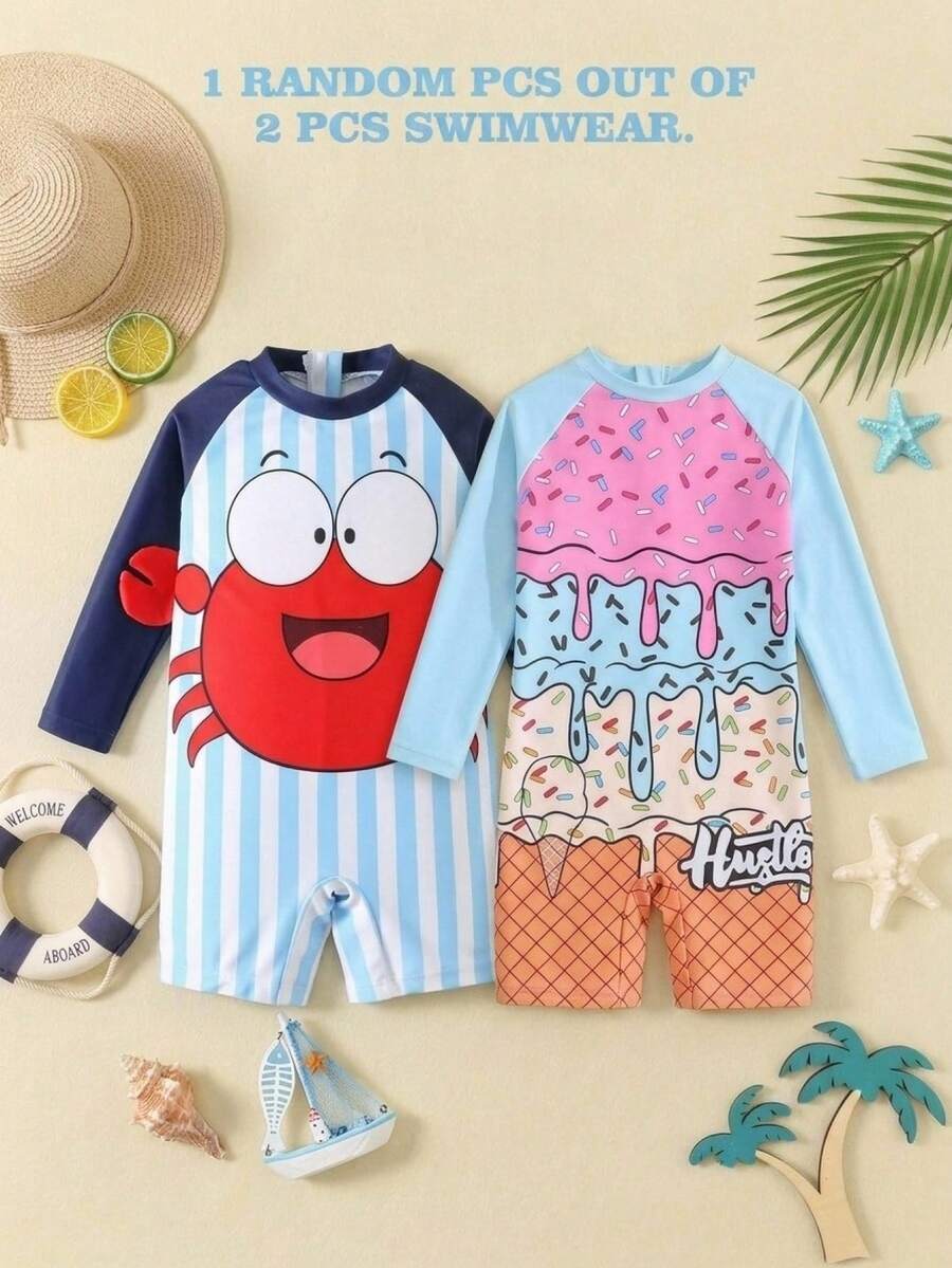 SHEIN 1 pieza Traje de baño de punto de una sola pieza con estampado de helado de verano y mangas parche para niños pequeños de estilo casual - Multicolor - Ver 1