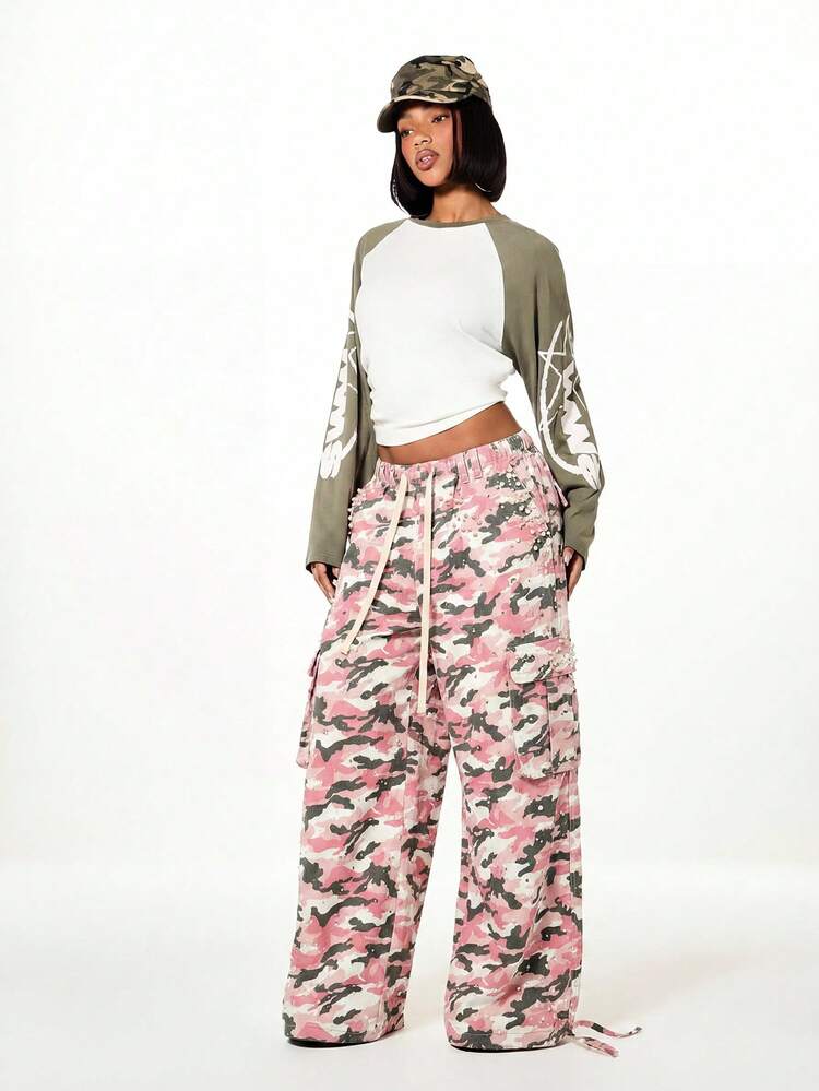 SUMWON WOMEN Low Rise Camo Cargo Parachute Pants With Pearl Rhinestone Embellishments Wide Leg Drawstring Trousers