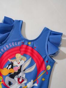 LOONEY TUNES X SHEIN Áo tắm liền thân tay ngắn cổ tròn in hình hoạt hình cho bé gái - Màu xanh lam - Xem 3