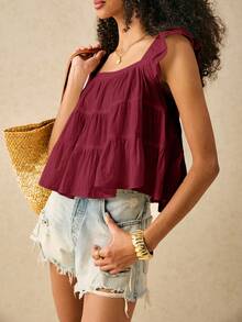 SHEIN Frenchy Women's Solid Color Square Neck Ruffle Hem Blouse,Summer Top - Burgundy - View 4