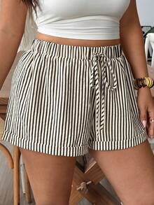 SHEIN VCAY Plus Size Autumn French Old Money Style Colorful Striped Teacher Shorts - Multicolor - View 6
