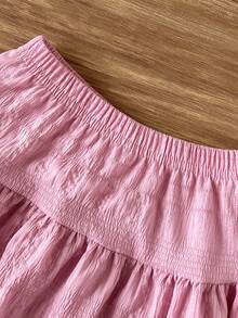 SHEIN 女婴可爱3D蝴蝶结罗纹针织短袖上衣和纹理编织裙套装，夏季韩版 - 藕粉色 - 查看 7