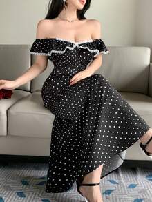 DAZY Đầm nghỉ mát ren chấm bi dành cho nữ, đầm midi dáng chữ A cổ vuông thắt eo kiểu retro. - màu đen - Xem 1
