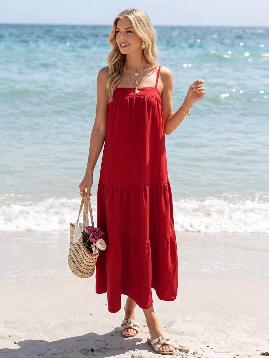 Sylviya Women's Casual Vacation Summer Spaghetti Strap Dress - Red - View 1