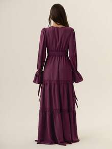 Willow Rêve Dark Purple V-Neck Lace Trim Chiffon Flowy Long Maxi Dress, Elegant Vacation Holiday Boho Style - Burgundy - View 2