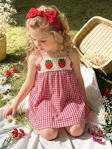 Cozy Pixies Đầm chữ A không tay họa tiết dâu tây móc len cho bé gái, kiểu dáng đồng quê dễ thương, thích hợp cho bé gái đi chơi, dã ngoại, nghỉ mát mùa xuân/hè. - Đỏ - Xem 5
