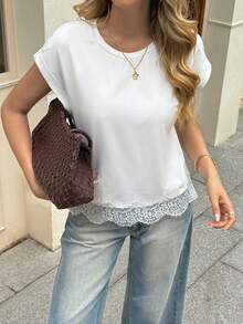 SHEIN LUNE 女款休閒優雅蕾絲拼接三件套，適合夏季度假、通勤及日常穿著，時尚短袖T恤搭配，黑白配色，適合女性度假、夏季假期、節慶、海灘度假、鄉村音樂會，夏季上衣 - 彩色 - 查看 6