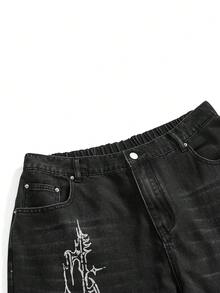 ROMWE Grunge Punk Celana Jeans Wanita Ukuran Besar Model Lurus Ekstra Panjang Motif Punk dengan Duri dan Salib Bunda Maria, Cetakan Inggris. - Hitam - View 9