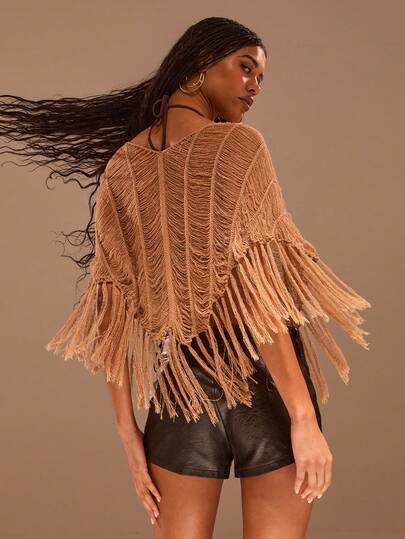 Opulessa Women's Solid Color Fringe Hem Poncho Knit Top