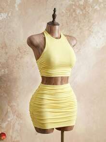 Glamine Bộ 2 áo không tay màu trơn và chân váy mini cho nữ, phong cách tối giản phù hợp cho mùa hè, trang phục 2 mảnh cho nữ, quần áo mùa hè cho nữ, trang phục mùa hè cho nữ, trang phục hai mảnh cho nữ, mùa hè - Màu vàng - Xem 1