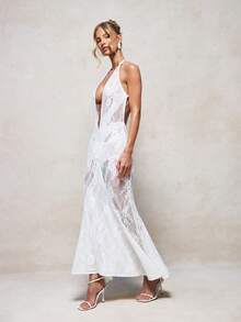 KIZN Vestido largo elegante de encaje con cuello halter y escote profundo, sin mangas, transparente, de longitud hasta el suelo, ajustado, para fiesta formal, boda o evento - Blanco - Ver 3